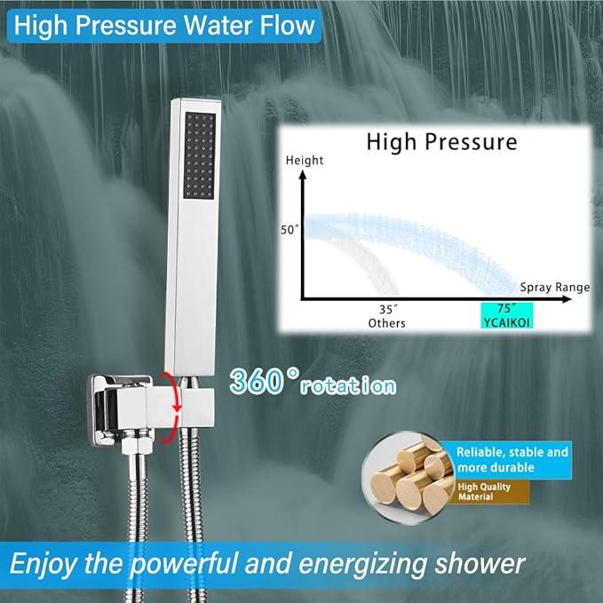 YCAIKOI Shower Faucet Set Complete, Wall Mount Shower System for Bathroom 12 Inch High-Pressure Rainfall Shower with Handheld, Rough-in Valve Body and Trim Kit, Polished Chrome - ModernBath