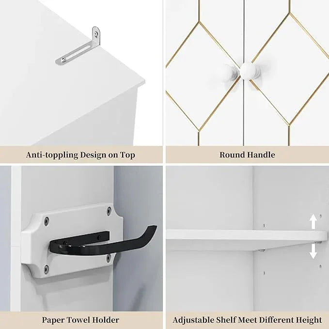HLR Over The Toilet Storage Cabinet with Gold Trim, Over Toilet Bathroom Organizer with Adjustable Shelves and Toilet Paper Holder, Above Toilet Storage Cabinet Spacesaver for Bathroom(White) - ModernBath