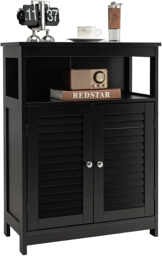 LDAILY Bathroom Storage Cabinet, Freestanding Organizer With Double Shutter Doors, Adjustable Shelf, Wooden Floor Cabinet for Kitchen, Entryway (Black) - ModernBath