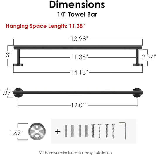 FORIOUS Towel Bar Wall Mounted, Stainless Steel Towel Racks for Bathroom, Includes Wall Mounting Hardware (Matte Black, 14 Inch) - ModernBath