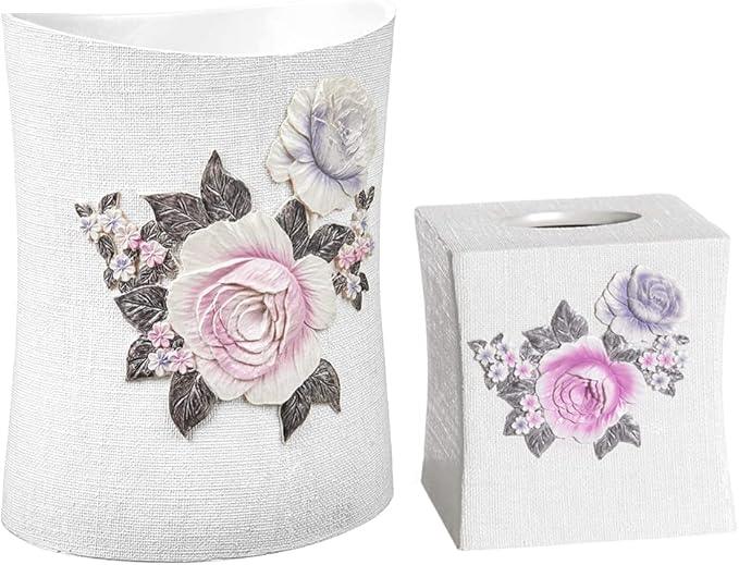 Zahari Home 2pc Michelle Bathroom Set Waste Basket & Tissue Cover Modern Classic Decor Stylish Unique Design Beautiful Floral Bathroom Accessories Set - ModernBath