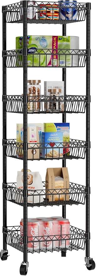 6 Shelves Storage Shelf Wire Closet Bathroom Organizers Metal Pantry Kitchen Garage Shelving Unit Laundry Room Organization Home Rack Net Basket Black with Wheels 14" Dx14 Wx64.8 H - ModernBath