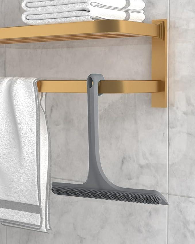 2-in-1 Silicone Shower Squeegee with Hook,Dual-Sided Design with Scraper & Scrub Surface,Rust-Proof Stainless Core,Streak-Free Bathroom Squeegee for Glass Doors,Mirrors,Windows,Car Windshields (Gray) - ModernBath