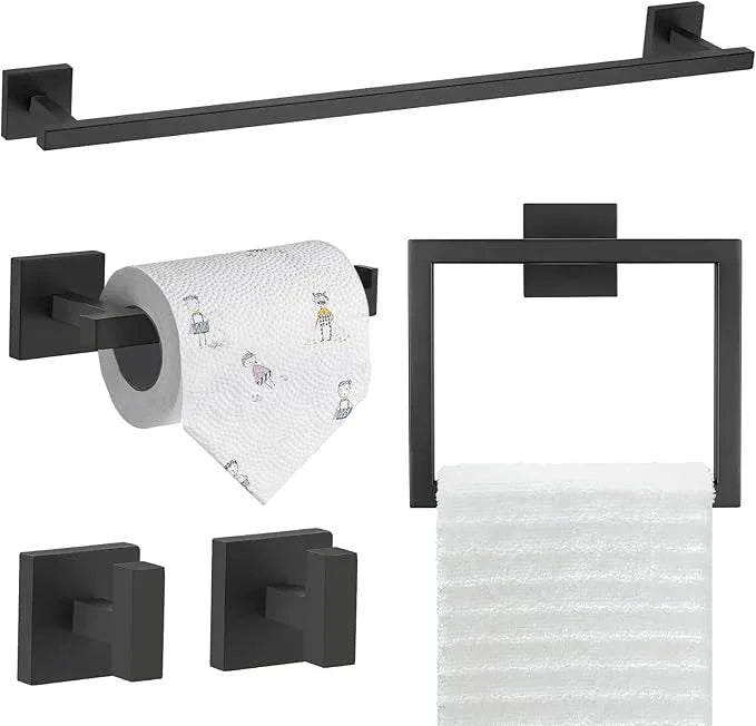 TQKAG 5-Piece Matte Black Bathroom Hardware Set Classic Wall Mounted Bathroom Accessories Set SUS304 Stainless Steel Towel Bar Sets 23.6" Towel Rack for Bathroom Towel Holder Set,Black - ModernBath