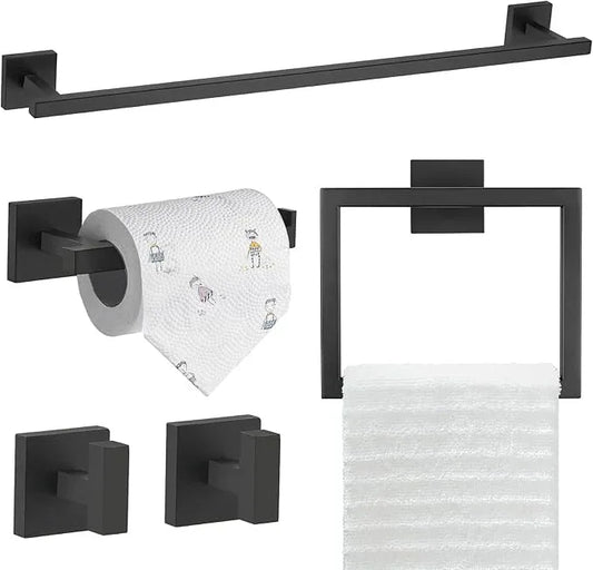 TQKAG 5-Piece Matte Black Bathroom Hardware Set Classic Wall Mounted Bathroom Accessories Set SUS304 Stainless Steel Towel Bar Sets 23.6" Towel Rack for Bathroom Towel Holder Set,Black - ModernBath
