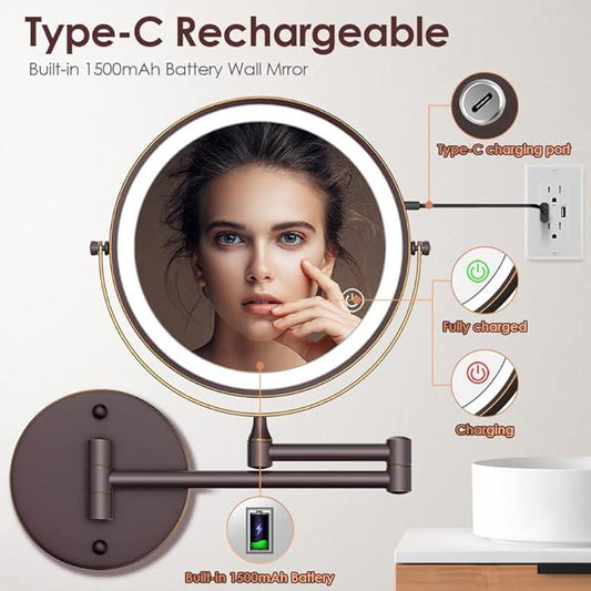 Rocollos Rechargeable Wall Mounted Lighted Makeup Mirror, 8 Inch Double-Sided LED Vanity Mirror 1X/10X Magnification,3 Color Lights Touch Screen Dimmable 360°Swivel 13 Inch Extendable - ModernBath