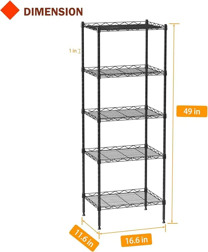 5 Tier Standing Metal Wire Shelving Unit, Adjustable Height, Storage Shelf Units for Laundry Bathroom Kitchen Pantry Closet (11.6" D x 16.6" W x 49" H inches, Black) - ModernBath
