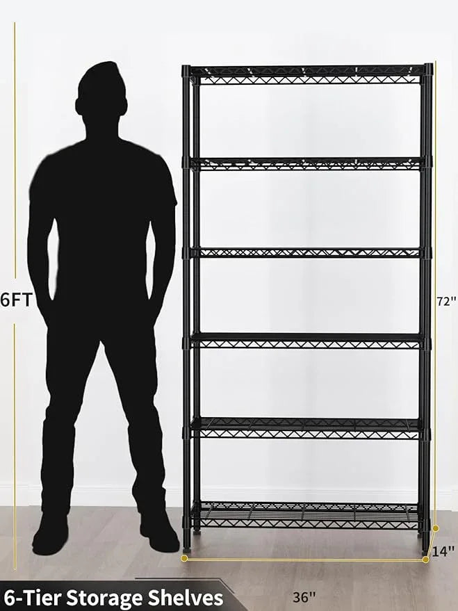 6 Tier Adjustable Storage Shelves,Heavy Duty Metal Utility Shelf 1500LBS Capacity Wire Shelving Unit Organizer Rack for Home Kitchen Pantry Room 14" D x 36" W x 72" H Black - ModernBath