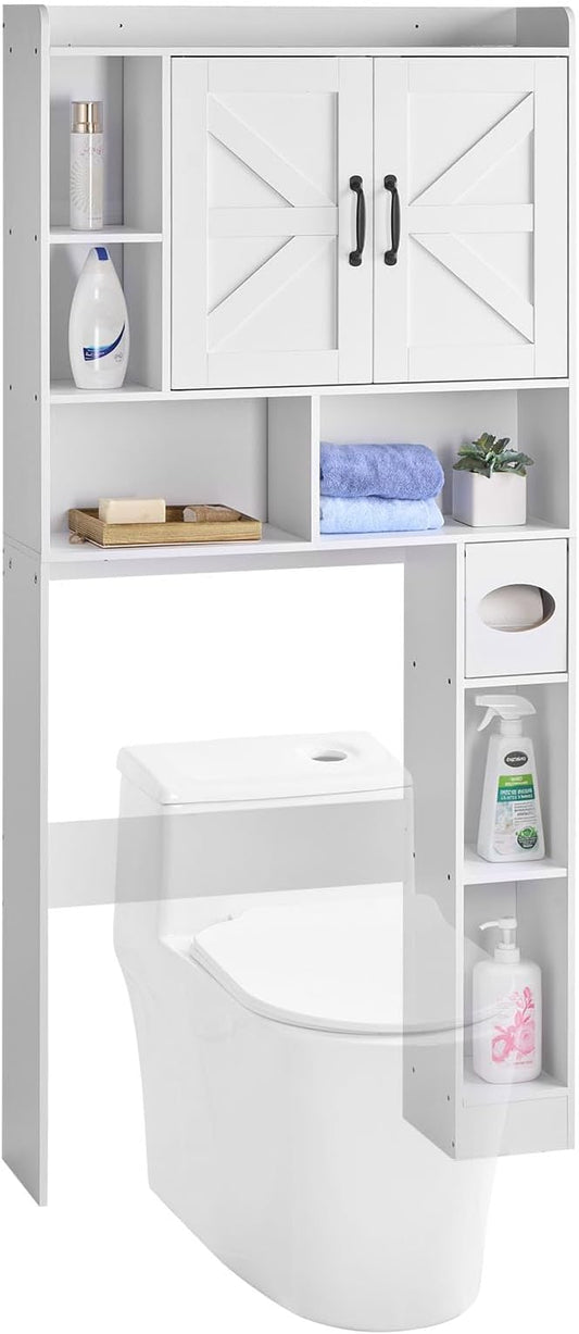 VEVOR Over The Toilet Storage Cabinet, 66.14‘’ Height Bathroom Storage Cabinet Over Toilet with Barn Door and Adjustable Shelf, Bathroom Space-Saving Toilet Rack White Wood with Open Shelf