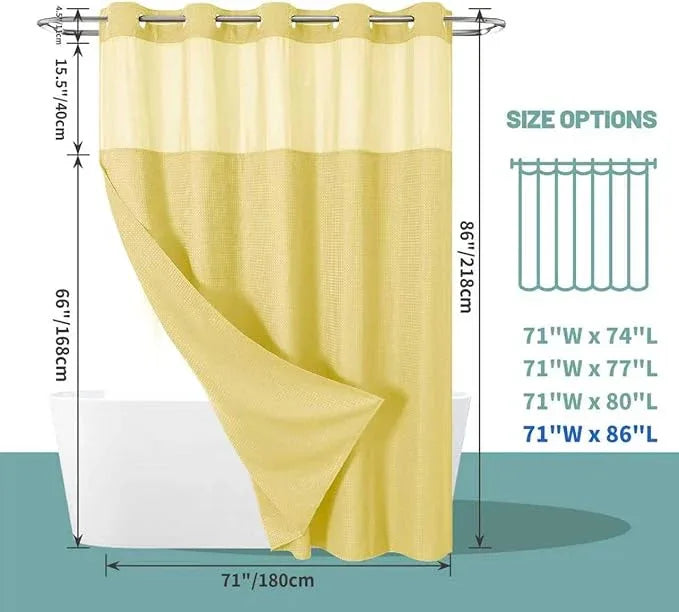 eachope Yellow No Hook Waffle Weave Shower Curtain with snap-in Liner Replacement, 230GSM Waterproof Fabric Hotel Shower Curtain Set for Bathroom, Through Mesh Top Window,71Wx86H - ModernBath