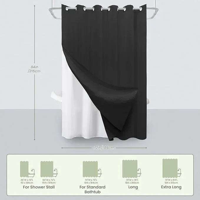 Inhousolu No Hook Waffle Weave Shower Curtain with Removable Snap in Fabric Liner Set for Bathroom, 230 GSM Heavy Duty Weighted Hem, Water Repellent Washable Bath Curtains, 72 x 84 Inch, Black - ModernBath