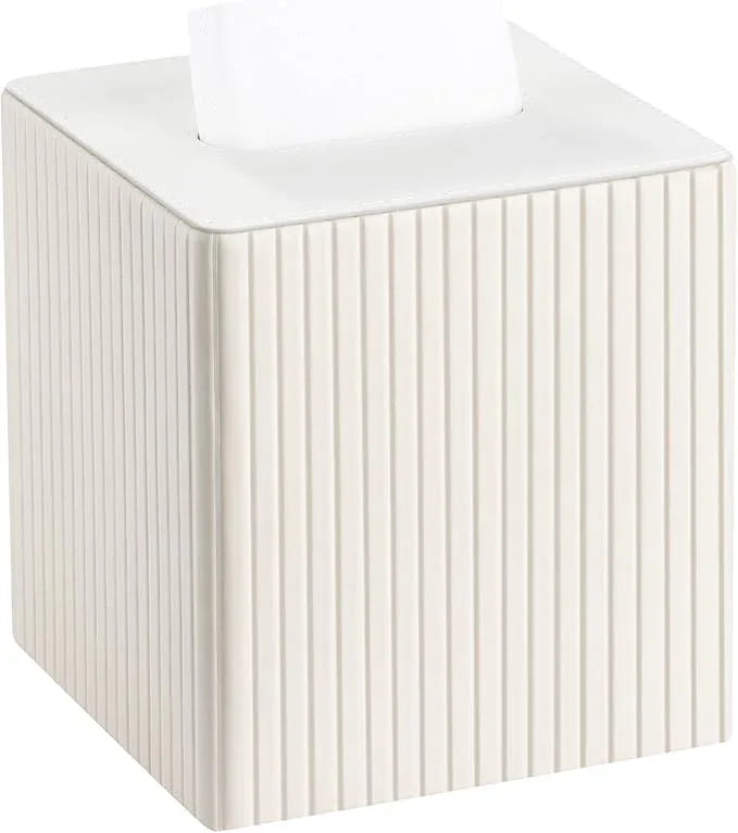 KINGFOM Square Pu Leather Tissue Box Cover, Modern Facial Tissue Holder, Roll Tissues Paper Case Dispenser for Bathroom Vanity Countertop, Night Stands, Office Desk (Off-White Strips) - ModernBath