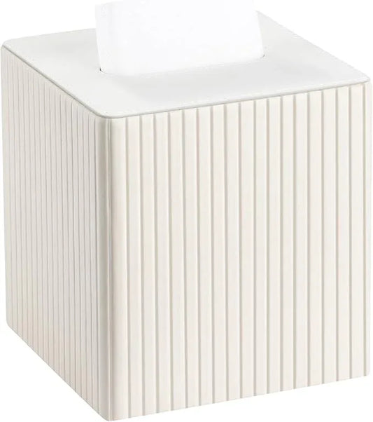 KINGFOM Square Pu Leather Tissue Box Cover, Modern Facial Tissue Holder, Roll Tissues Paper Case Dispenser for Bathroom Vanity Countertop, Night Stands, Office Desk (Off-White Strips) - ModernBath