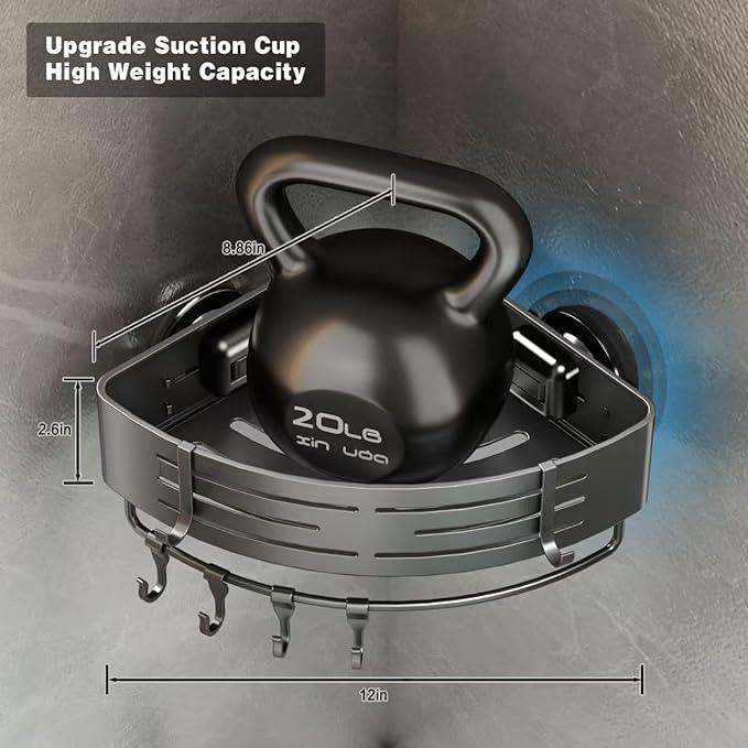 Voldra Corner Shower Caddy Suction Cup, 2 Pack Corner Shower Shelves No Drilling, Aluminum Upgrade Suction Cup Shower Organizer with Towel Bar & Hooks Removable Bathroom Storage Rack(Gray) - ModernBath