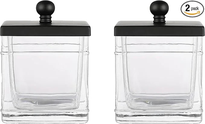 Indecor Home Glass Cotton Jar Holder 2 Pack– Matte Black Lid, Elegant Bathroom Storage Canister for Qtips, Cotton Balls, Floss, Makeup Organizer, Vanity & Bathroom Organization - ModernBath