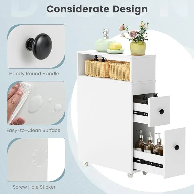 Tangkula Slim Bathroom Storage Cabinet, Movable Narrow Toilet Side Cabinet w/2 Slide Out Drawers, 2 Rattan Baskets & Shelves, Toilet Paper Holder on Wheels for Small Spaces - ModernBath
