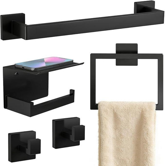 Matte Black Bathroom Accessories Hardware Set 5-Piece, Stainless Steel Towel Racks for Bathroom, 16 Inch Bath Towel Bar Set Wall Mounted - ModernBath
