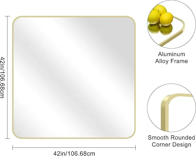 CIVENO Gold Bathroom Mirror, 42x42 Inch Metal Framed Square Mirror, Rounded Corner Gold Vanity Mirror, Large Wall Mounted Mirrors for Living Room Bedroom Entryway Hangs Horizontal or Vertical - ModernBath