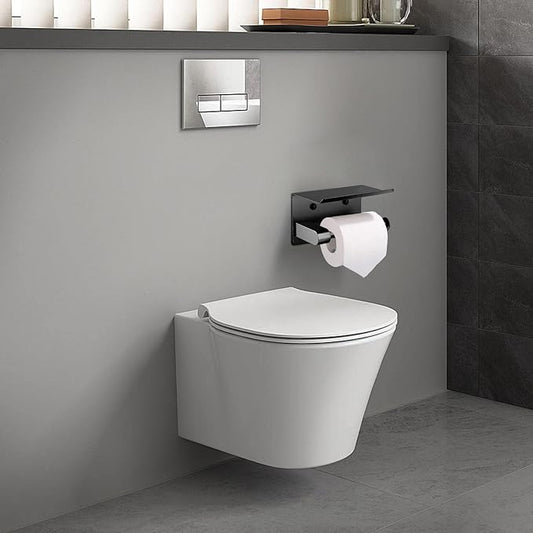 Toilet Paper Holder- Wall Toilet Paper Holder with Phone Shelf Storage Paper Roll Tissue Holder Dispenser Mounted Black Adhesive Paper Holders with Shelf Organizer for Bathroom