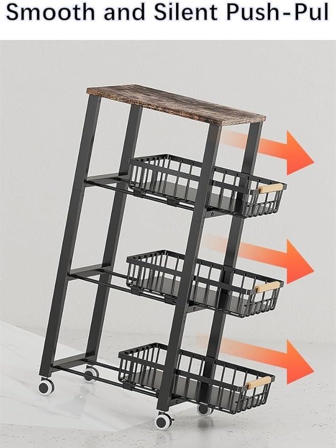 Metal Wire Baskets with Wheels, Stackable Storage Bins Kitchen Organizer Shelf, Multi Layer Fruit Vegetable Cart Dishes Seasonal Rack Freestanding with Pull Out Slide Drawer - ModernBath