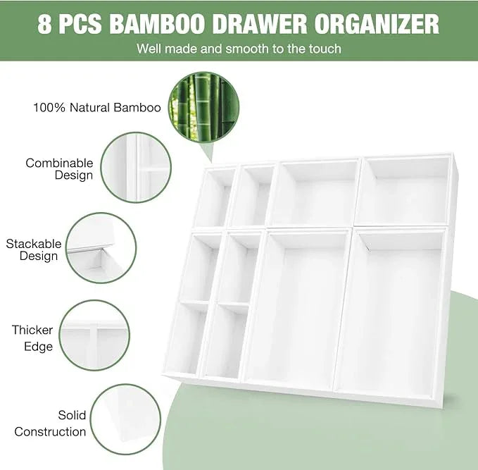 Bamboo Drawer Organizer Set, 8 PCS Multi-Use Wood Drawer Storage Boxes, Junk Drawer Organizer Divider Bins for Kitchen, Bathroom, Office Desk, Makeup, Jewelry, Utensils - ModernBath