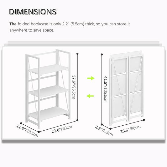 4NM No Assembly Folding Bookshelf Storage Shelves 3 Tiers Vintage Bookcase Standing Racks Study Organizer Home Office (All White)