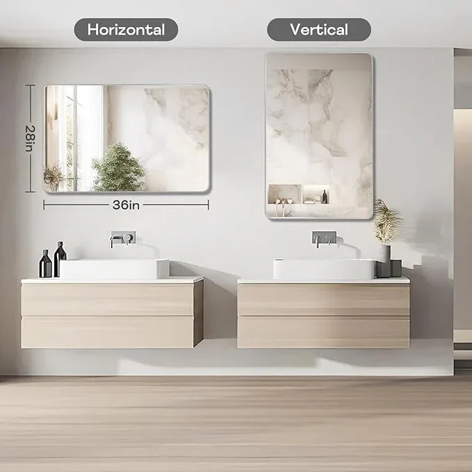 Minuover Silver Framed Bathroom Mirror, Brushed Nickel Large Rounded Corner Rectangle Wall Mirror, Tempered Glass, Shatter Proof, Anti-Rust, Hangs Horizontally or Vertically (28" x 36", Silver) - ModernBath
