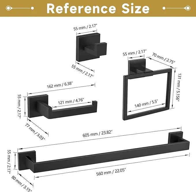 5 Pieces Bathroom Hardware Accessories Set Matte Black Towel Bar Set Towel Holder Racks Set for Bathroom,SUS304 Stainless Steel,Wall Mounted 23.6-Inch - ModernBath