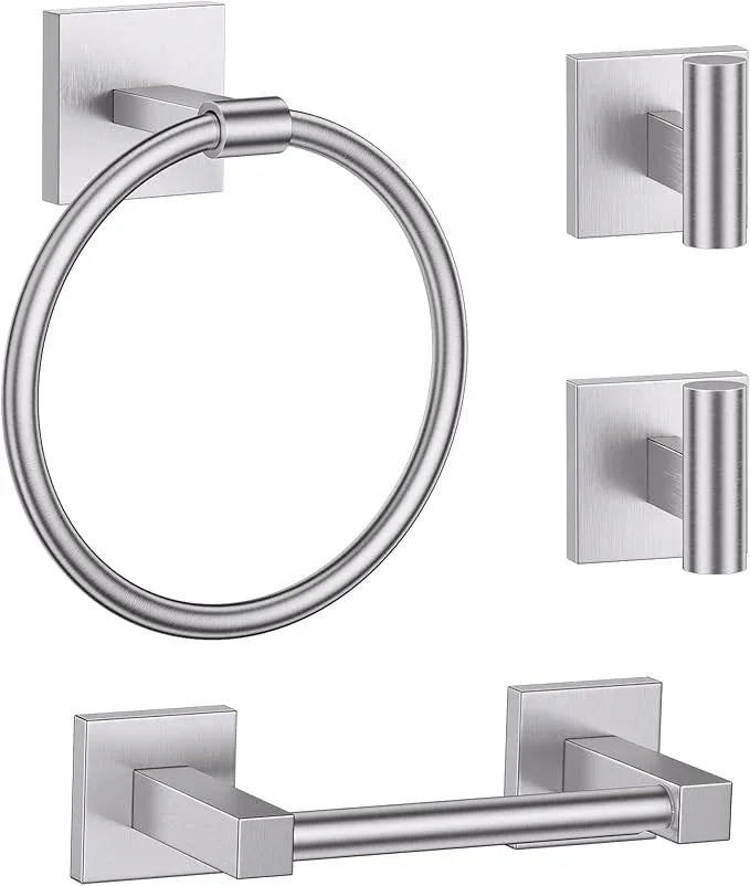 Towel Ring Set 4 Piece Bathroom Hardware Set Includes Towel Ring 2 Towel Hooks and Toilet Paper Holder Stainless Steel Wall Mounted (Brushed Nickel) - ModernBath