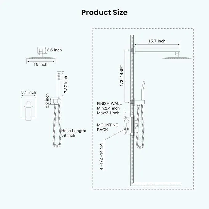 gotonovo Rainfall Bathroom Shower System Rain Shower Head and Handle Set Wall Mounted Shower Complete Combo Solid Brass Pressure Balancing Shower Mixer Valve 16 Inch Brushed Gold - ModernBath
