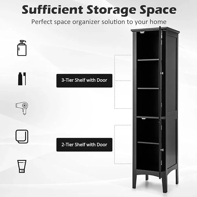 Giantex Storage Cabinet Bathroom High Cabinet with 5 Tier Shelves, Freestanding Slim Cabinet, Tall Organizer for Bathroom, Kitchen, Living Room, Linen Tower Narrow Floor Cabinet (Black) - ModernBath