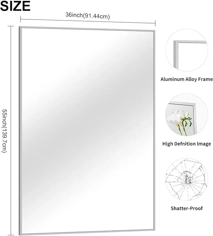 COFENY 36x55 inch Bathroom Mirror, Silver Rectangle Mirror with Thin Metal Frame, Large Rectangular Wall Mirrors for Bathroom, Living Room, Big Mirror Hang Horizontal/Vertical - ModernBath