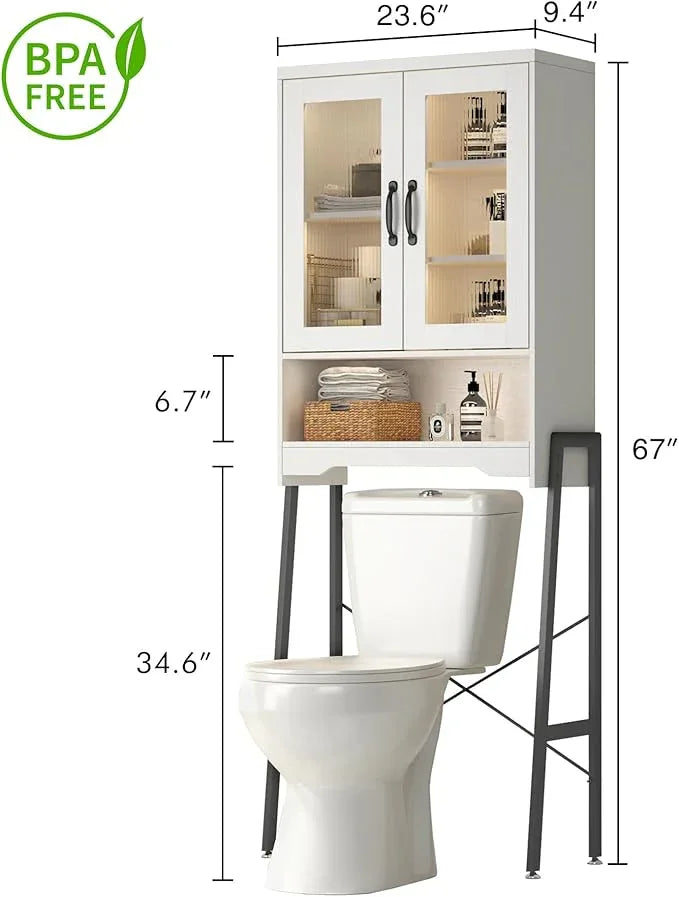 Over The Toilet Storage Cabinet with Tempered Glass Doors & Metal Stand, Over Toilet Organizer with Adjustable Shelf Space Saver Over Toilet , Tall Freestanding Shelf/Rack for Bathroom, Modern, White - ModernBath