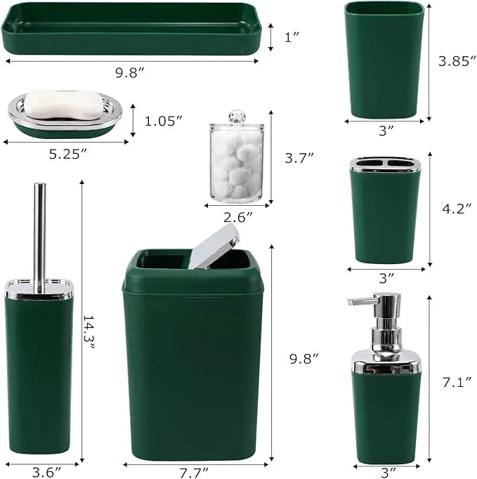 XLHOMO Dark Green Bathroom Accessories Set, Green Bathroom Set with Trash Can, Toothbrush Holder, Toothbrush Cup, Soap Dispenser, Soap Dish, Toilet Brush Holder, 2 Qtip Holder Dispensers and Tray - ModernBath