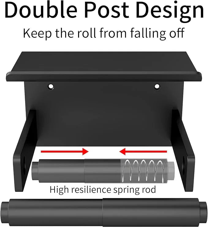 Toilet Paper Holder with Shelf Wall Mount, Self Adhesive or Screw in, Tissue Holder for Bathroom Washroom RV with Spring Rod, Matte Black - ModernBath
