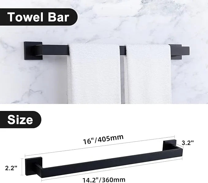 Bathroom Hardware Accessories Set Matte Black,5-Piece Black Towel Bar Set 16" Wall Mounted Towel Holder Stainless Steel-Includes Towel Bar,Robe Towel Hooks,Toilet Paper - ModernBath