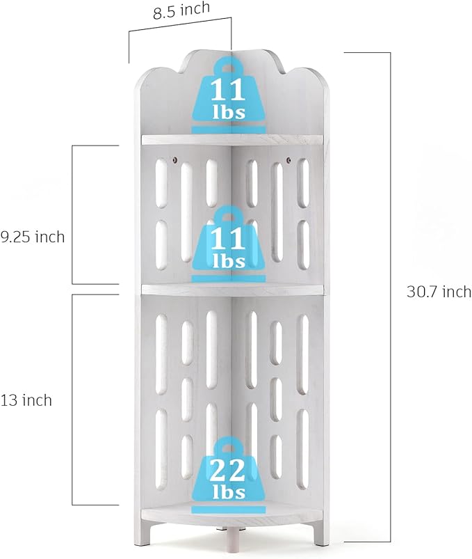 Meangood Bathroom Corner Shelf Stand, 3 Tier Solid Wood Display Shelf for Narrow Space, Shower Corner Shelf, Plant Stand Nightstand, for Living Room, Bedroom, Home Office, Elegant White