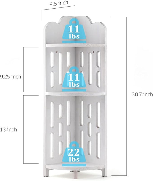 Meangood Bathroom Corner Shelf Stand, 3 Tier Solid Wood Display Shelf for Narrow Space, Shower Corner Shelf, Plant Stand Nightstand, for Living Room, Bedroom, Home Office, Elegant White