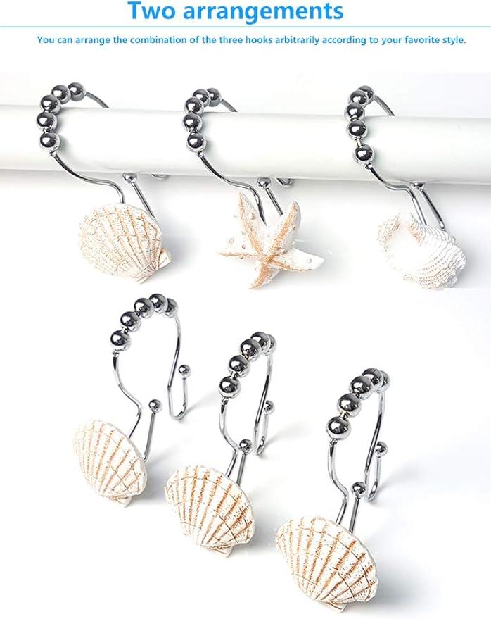 Ocean Decorative Shower Curtain Hooks Rust Proof,Stainless Steel Shower Curtain Rings with 5 Glide Rollers for Bathroom and Shower Set of 12-Hook - ModernBath
