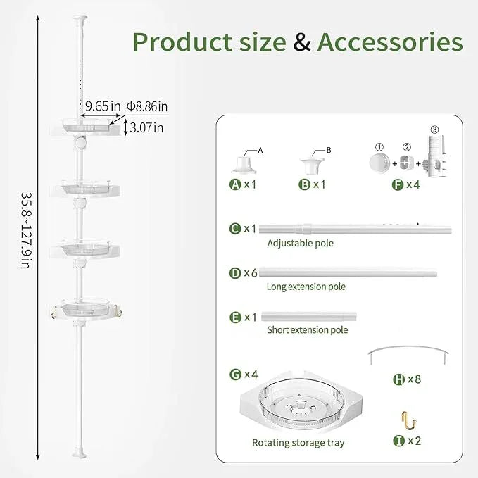 akinbas Shower Caddy Tension Pole with 4 L-Lazy Susan Organizer 360 Rotating 35-128 Inch No Drilling Floor Standing Shelves Adjustable Shower Rack for Bathroom Corner (White) - ModernBath
