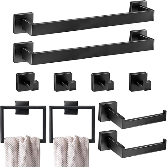 10 Pieces Bathroom Hardware Accessories Set 16 Inch Wall Mounted Towel Bar Set Matte Black Towel Rack Rings Stainless Steel Toilet Paper Holder Bath Coat Hooks