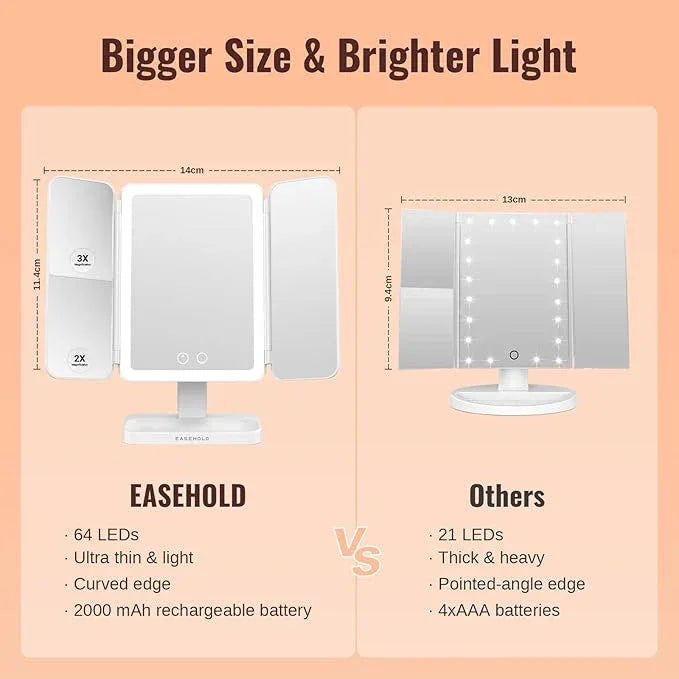 EASEHOLD Lighted Makeup Mirror, Rechargable Vanity Mirror with Magnification, 2X 3X, Trifold Makeup Mirror with Touch Control, 3 Color Dimmable LED Lights, Portable Make up Mirror, Gifts for Women - ModernBath
