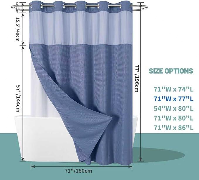 eachope MoonLightBlue No Hook Waffle Weave Shower Curtain with snap-in Liner Replacement, 230GSM Waterproof Fabric Hotel Shower Curtain Set for Bathroom, Through Mesh Top Window,71Wx77H - ModernBath