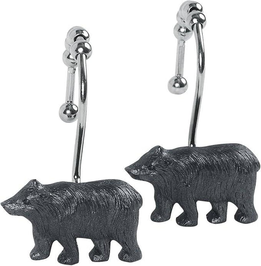 Rustic Black Bear Shower Curtain Hooks, Rustproof Farmhouse Lodge Cabin Shower Hooks for Shower Curtain, 5 Roller Ring Balls Bathroom Curtain Hooks, Outdoor Decorative Animal Hooks, Set of 12 - ModernBath