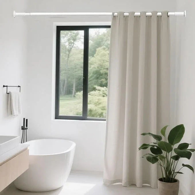 ZYKORT Tension Curtain Rod 51-128 In (4-10Ft), Outdoor Curtain Rod No Drilling for Patio Window, Shower Curtain Rod for Bathroom, Adjustable Spring Heavy Duty Tension Rod Renter Friendly, White - ModernBath