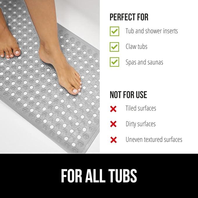 GORILLA GRIP Patented Bath Tub Shower Mat, Machine Washable Bathtub Floor Liner Mats, Suction Cups and Drain Holes to Keep Tubs Clean, Soft on Feet, Bathroom Essentials, 35x16 Inch, Clear Gray - ModernBath