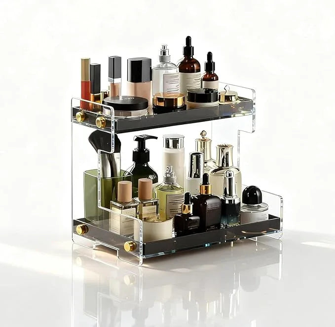 NEWRAIN 2-Tier Bathroom Organizer Countertop for Cosmetics, Makeup, Vanity Holder for Lipstick, Black Cabinet Storage - ModernBath