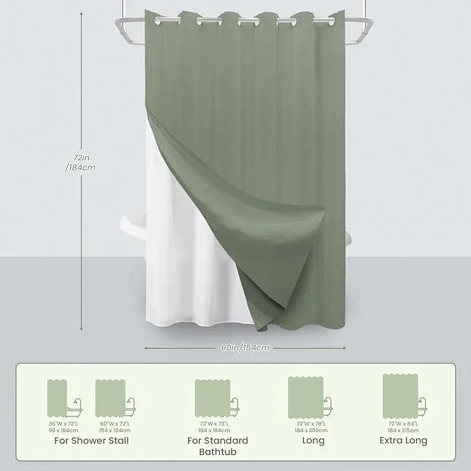 Inhousolu No Hook Waffle Weave Shower Curtain with Removable Snap in Fabric Liner Set for Bathroom, 230 GSM Heavy Duty Weighted Hem, Water Repellent Washable Bath Curtains, 60 x 72 Inch, Sage Green - ModernBath