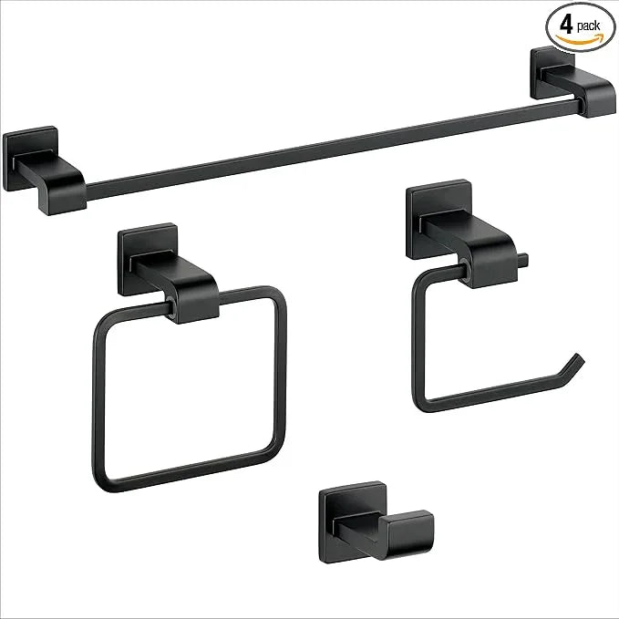 Delta Ara 4-Piece Bath Hardware Set with 24 in. Towel Bar, Toilet Paper Holder, Towel Ring, Towel Hook in Matte Black - ModernBath