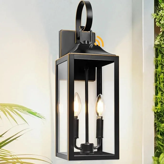 Large Dusk to Dawn Outdoor Lighting - 19" Black Outside Wall Mount Light Fixture with Gold Trim, Exterior Farmhouse Wall Sconce Lantern, Modern Porch Light Exterior Lamp for House 2-Light (1 Pack) - ModernBath